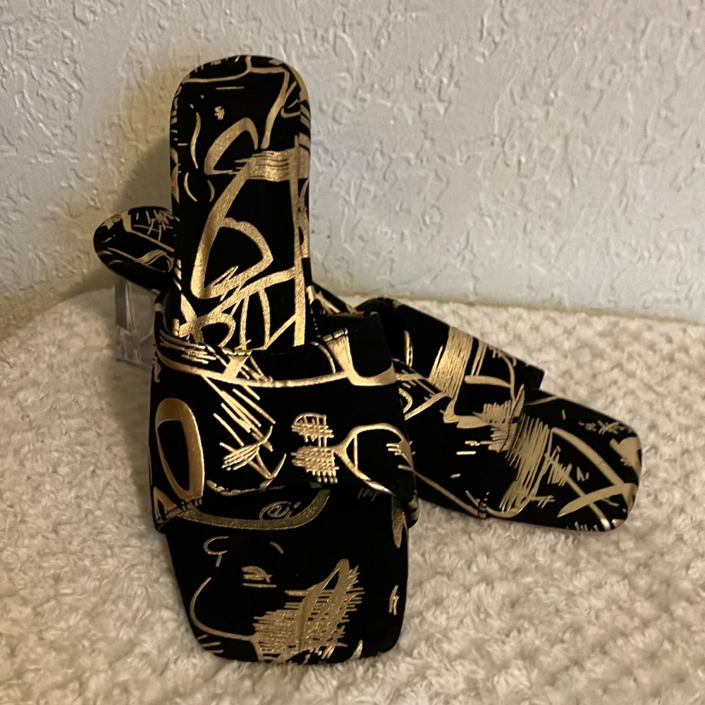 Ladies Elegant Sandal Black Velvet w/Gold Embossed Design Clear 2” Heel Slip on